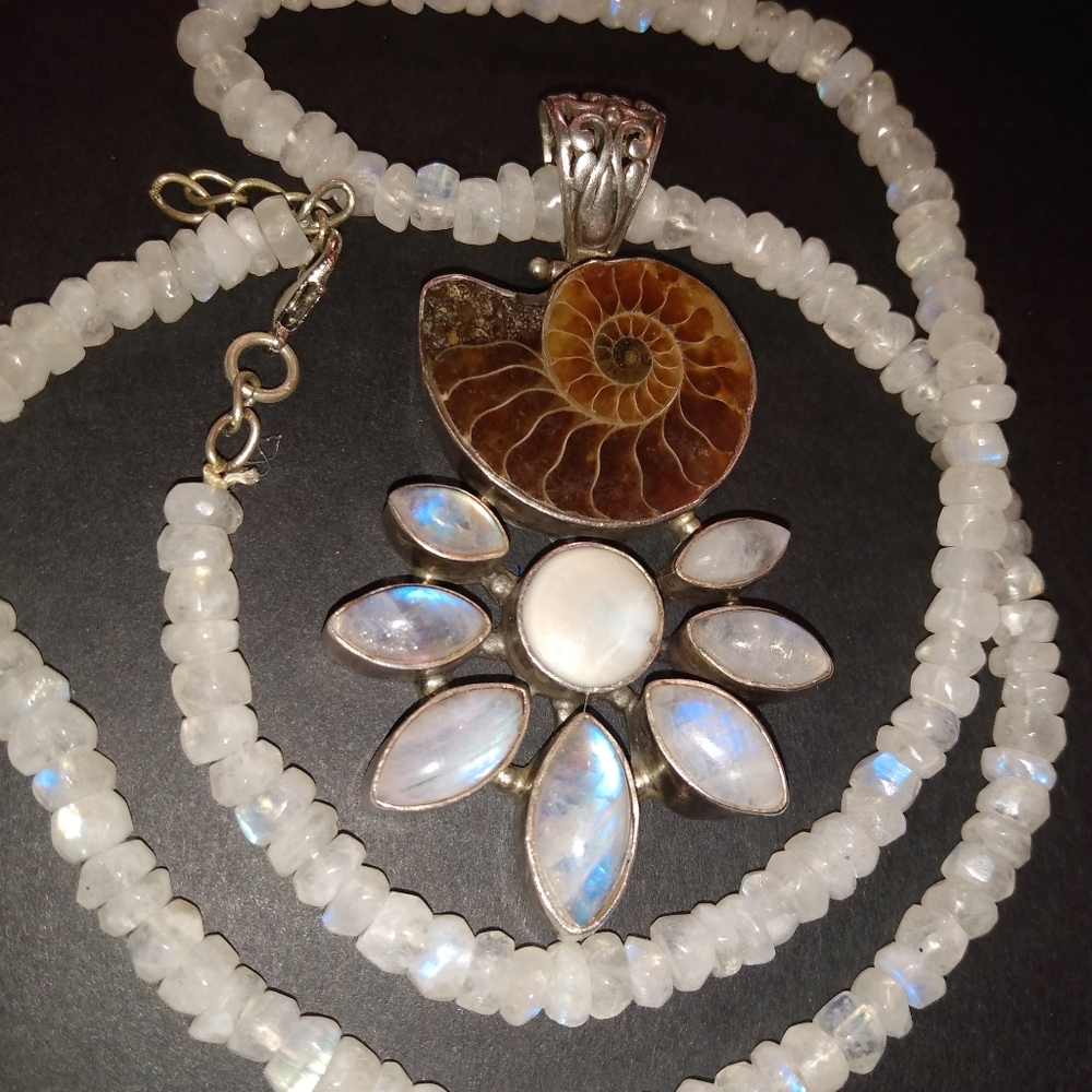 Moonstone and Ammonite sterling silver necklace